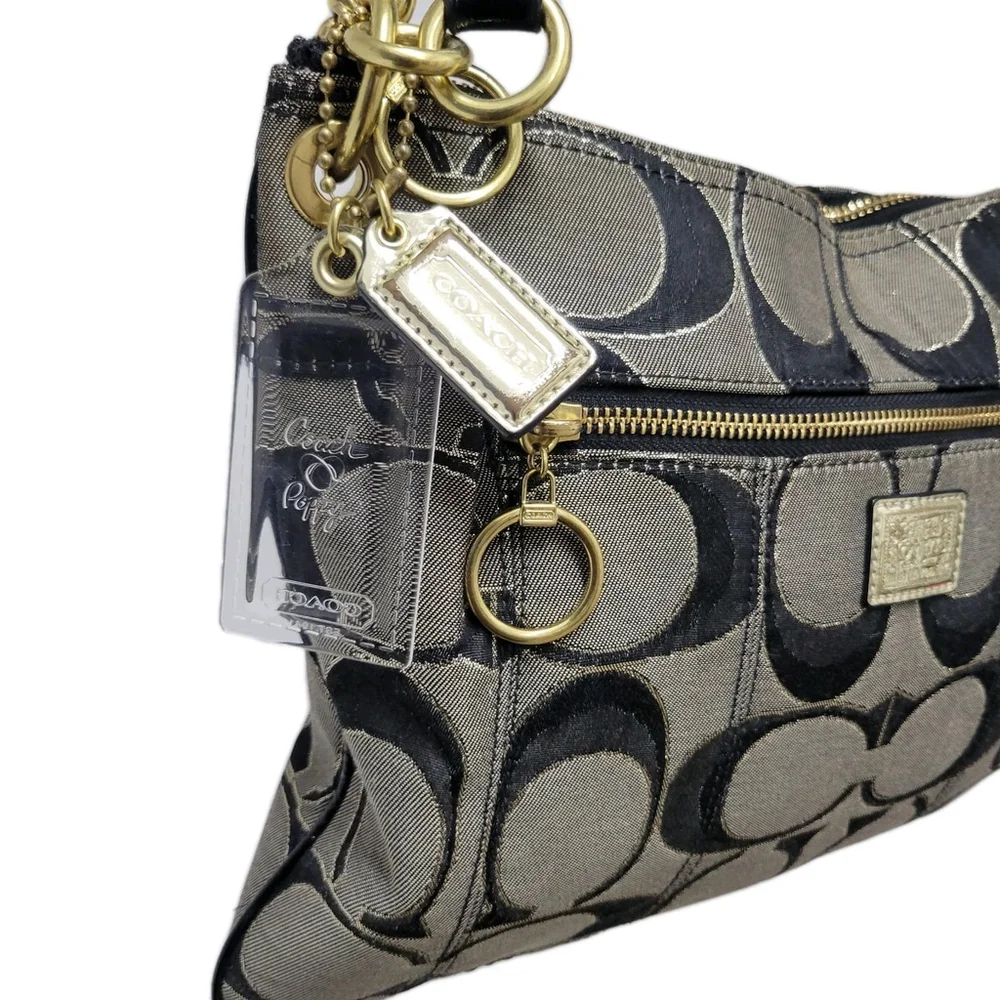 Coach #18135 Black & Gold Canvas Leather Trim Shoulder/Crossbody Handbag Purse